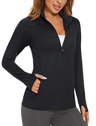 MAGCOMSEN Women's UPF 50+ Lightweight Athletic Jacket Sun Protection Full Zip Long Sleeve Shirts Hiking Outdoor Pockets Black XL - Image 1