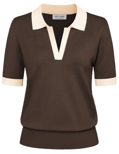 Kate Kasin Women Short Sleeve Polo Sweater Tops Lightweight Summer V Neck Color Block Knit Pullover Top Shirt Coffee L - Image 1