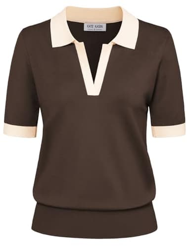 Kate Kasin Women Short Sleeve Polo Sweater Tops Lightweight Summer V Neck Color Block Knit Pullover Top Shirt Coffee L - Image 1