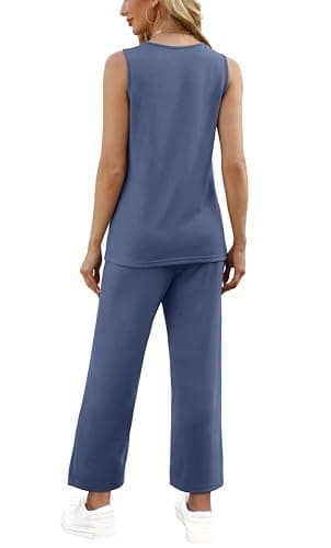 WIHOLL Summer Outfits for Women Two Piece Set Casual Wide Leg Pants Vacation Lounge Sets Travel Airport Outfits Trending Matching Sets Women Clothes Blue XL - Image 5