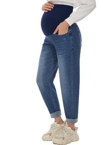 POSHGLAM Women's Maternity Jeans Over Belly Comfy Stretch Boyfriend Jeans Loose Pregnancy Pants(Dark Blue, Medium) - Image 1