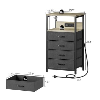 Seventable Night Stand with Charging Station, Tall Nightstand with 4 Fabric Storage Drawers, Side Table with LED Light for Bedroom, Entryway, Greige - Image 3