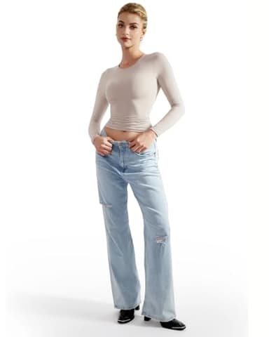 SUUKSESS Women Double Lined Fitted Basic Tee Shirts Crew Neck Long Sleeve Going Out Crop Tops (Soft Sand, S) - Image 4