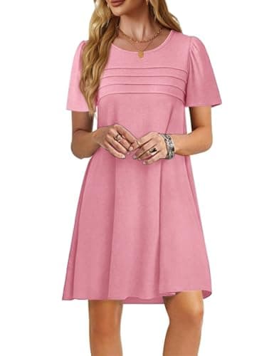 Imily Bela Womens Summer Casual T Shirt Dress Short Sleeve Crewneck Pleated Front Loose Beach Flowy Mini Dresses Pink - Image 1
