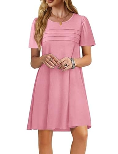 Imily Bela Womens Summer Casual T Shirt Dress Short Sleeve Crewneck Pleated Front Loose Beach Flowy Mini Dresses Pink - Image 1