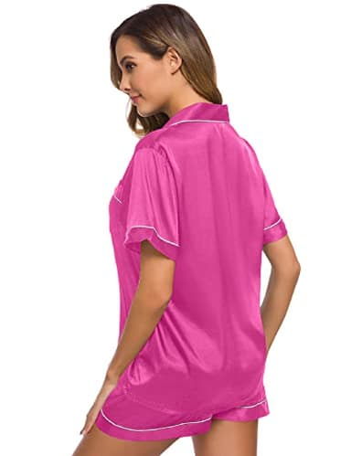 SWOMOG Womens Pajamas Set Silk Satin Sleepwear Short Sleeve Nightwear Button Down Pj Loungewear Rose Red - Image 5