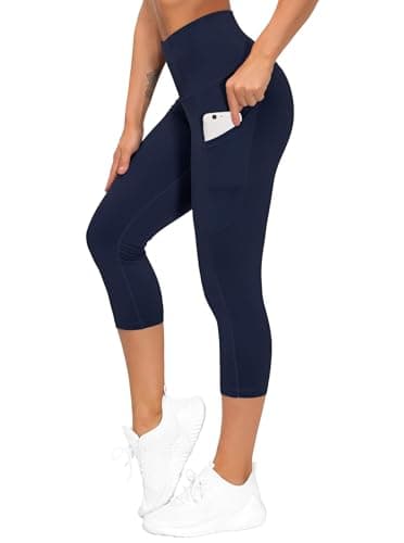 THE GYM PEOPLE Thick High Waist Capris Yoga Pants with Pockets, Tummy Control Workout Running Yoga Leggings for Women Navy Blue - Image 1