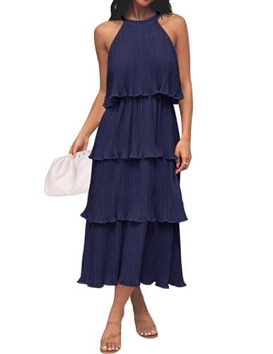 ZESICA Women's 2025 Summer Sleeveless Halter Neck Ruffle Tiered Layed Chiffon Flowy Swing Long Midi Dress,Navy,Small - Image 1