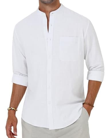 Alimens & Gentle Men's Cotton Linen Shirts Long Sleeve Button Down Shirt Band Collar Beach Shirts - Image 1