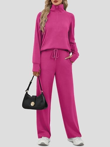 Casly Lamiit Fall Two Piece Sets for Women Airport Attire Wide Leg Sweatpants Lounge Elegant Matching Cute Travel Outfits for Long Flights Rose Red L - Image 4