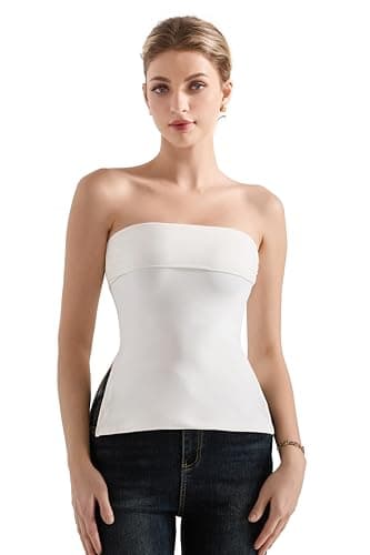 SUUKSESS Women Double Lined Going Out Trendy Tube Tops Side Split Sexy Strapless Tank Tops (White,S) - Image 1