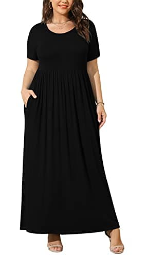 BISHUIGE Plus Size Maxi Dresses for Women Summer Casual Short Sleeve Long Dress with Pockets XL-6XL 6X-Large, Black - Image 1