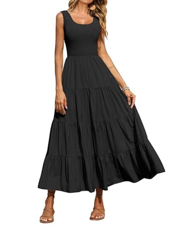 PRETTYGARDEN Women's Casual Loose Plain Maxi Sundress Smocked Tank Dress Sleeveless Summer Beach Tiered Long Dresses (Black,Small) - Image 1