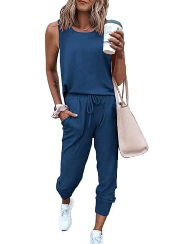 PRETTYGARDEN Women's Two Piece Outfit Sets Casual Summer Sleeveless Crewneck Tops and Sweatpants Active Tracksuit Lounge Wear (Dark Blue,Large) - Image 1