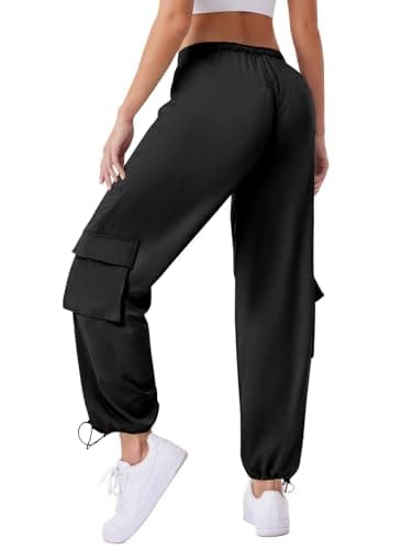 Women's Cargo Pants Water Resistant Lightweight Drawstring Hiking Joggers Base Jump Parachute Pants Black - Image 1