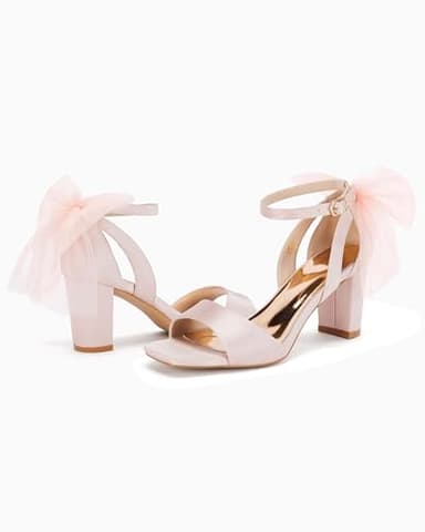 Coutgo Women's Bow Tie Heeled Sandals Chunky Heels One Strap Satin Ankle Buckle Dress Wedding Shoes, Pink, Size 6 - Image 4