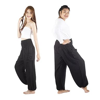 Boho Pants 2-Pocket Flowy Harem Pants Women for Yoga Travel Hippie Clothes Solid Black - Image 3