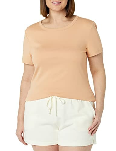 Amazon Essentials Women's Slim-Fit Short-Sleeve Crewneck T-Shirt, Pack of 2, White/Light Camel, X-Large - Image 5