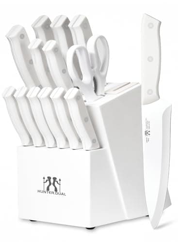 Knife Set, HUNTER.DUAL 15 Piece Kitchen Knife Set with Block and Built-in sharpener, Dishwasher Safe, Anti-slip Handle, White - Image 1