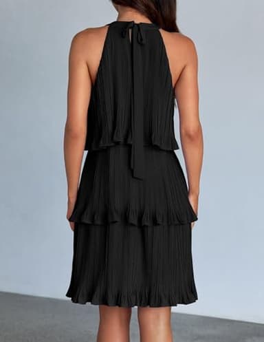 ZESICA Women's 2025 Summer Halter Dresses Sleeveless Ruffle Tiered Layered Chiffon Pleated A Line Swing Mini Dress,DarkBlack,Medium - Image 4