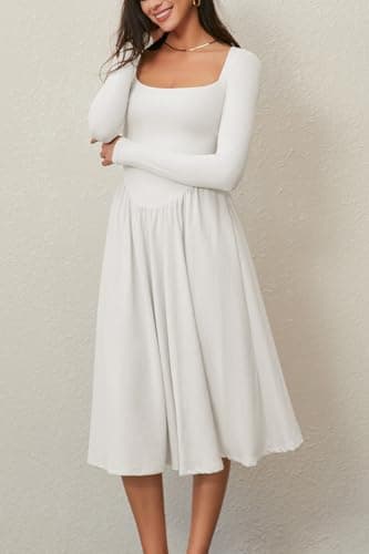 CHYRII Womens White Dress Spring Fashion 2025 Square Neck Long Sleeve Casual A-Line Midi Dress S - Image 5