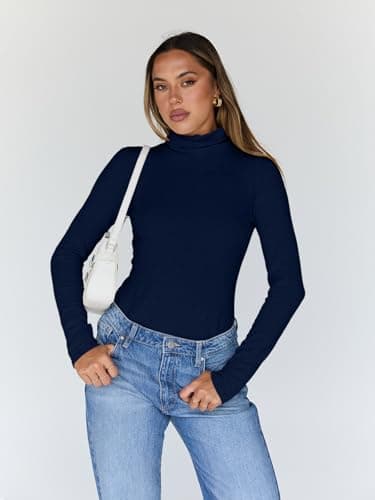 Trendy Queen Women's Turtleneck Long Sleeve Shirts Fall Fashion BasicThermal Underwear Tops Winter Clothes 2025 Navy S - Image 2