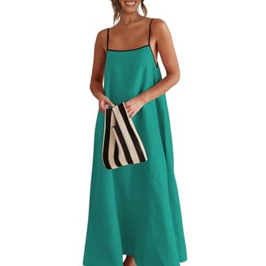 Shy Velvet Women's 2025 Summer Linen Maxi Dress Contrast Spaghetti Strap Dress Backless Sleeveless Casual Party Beach Dresses Turquoise - Image 5