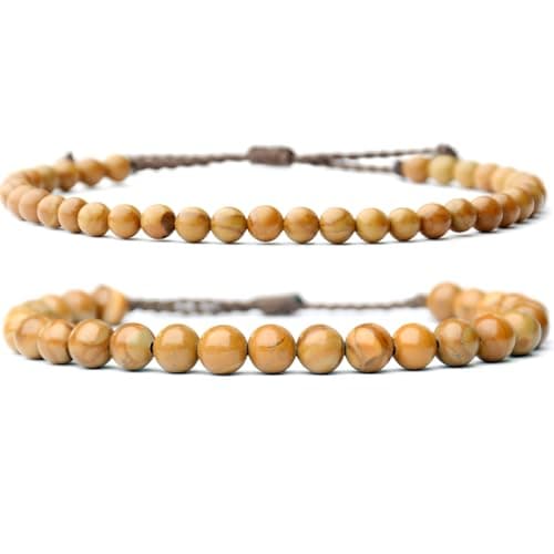 2 Pcs Natural Gemstone Beaded（4mm/6mm）Healing Jewelry，Handmade Adjustable Bracelet for Man Women,Matching Bead Couple Bracelets for Boyfriend Girlfriend (Wood-Grain Yellow) - Image 1