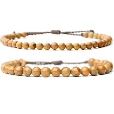 2 Pcs Natural Gemstone Beaded（4mm/6mm）Healing Jewelry，Handmade Adjustable Bracelet for Man Women,Matching Bead Couple Bracelets for Boyfriend Girlfriend (Wood-Grain Yellow) - Image 1