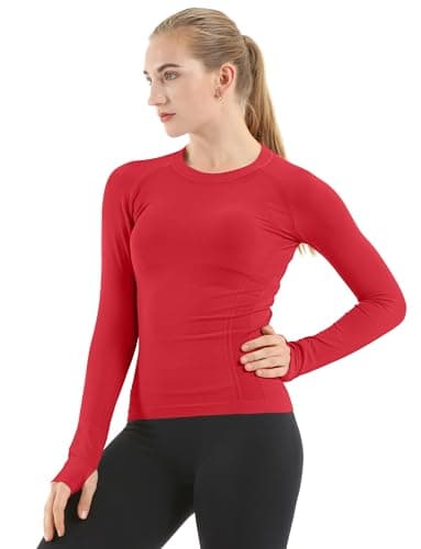 MathCat Seamless Workout Shirts for Women Long Sleeve Yoga Tops Sports Running Shirt Breathable Athletic Top Slim Fit Red - Image 1