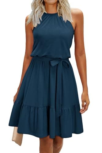 Newshows Women's 2025 Summer Dress Halter Casual Beach Vacation Outfits Hawaiian Dresses Ruffle Belted Sundress with Pockets(Navy-1, M) - Image 1