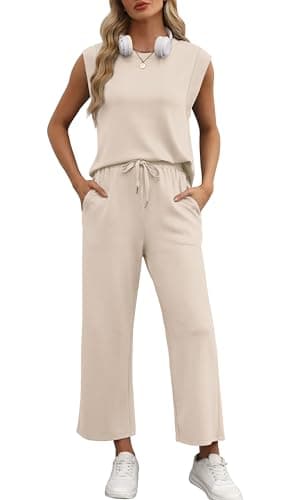 OFEEFAN Two Piece Sets for Women Summer Luxury Women Fahsion Lounge Set Cruise Airport Going Out Outfits Trendy Cap Sleeve Wide Leg Beige S - Image 2