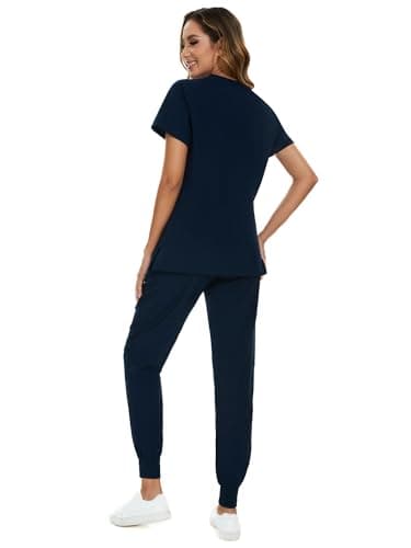 COZYFIT Scrubs for Women Set - Stretch V-Neck Scrub Top & Jogger Pant with 8 Pockets, Yoga Waistband, Anti Wrinkle, Slim Fit Women Scrubs, Navy Blue - Image 2