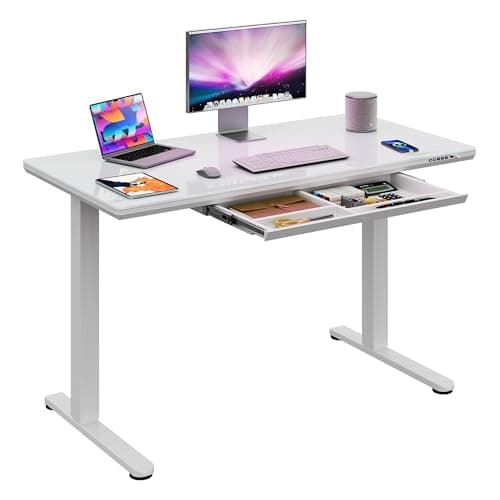 DEVAISE Standing Desk with Drawers, Whole-Piece Glass Adjustable Height Desk, 48 Inch Electric Stand Up Desk, Quick Install, White - Image 1