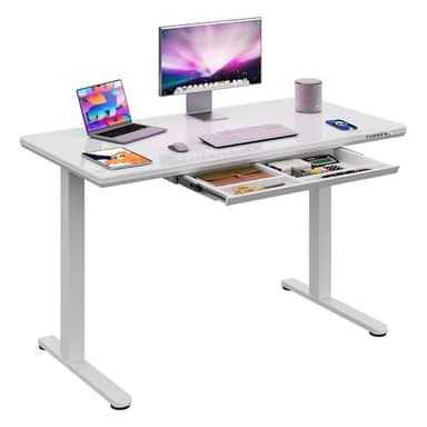 DEVAISE Standing Desk with Drawers, Whole-Piece Glass Adjustable Height Desk, 48 Inch Electric Stand Up Desk, Quick Install, White - Image 1