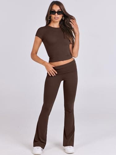 ANRABESS Lounge Sets for Women 2 Piece Foldover Yoga Flare Leggings Pants Crop Tops Casual Y2K Outfits Matching Tracksuit Set Brown Small - Image 7