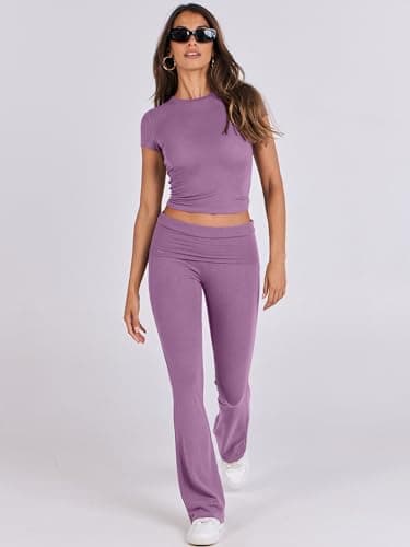ANRABESS Lounge Sets for Women 2 Piece Foldover Yoga Flare Leggings Pants Crop Tops Casual Y2K Outfits Matching Tracksuit Set Nutmeg X-Large Purple - Image 9