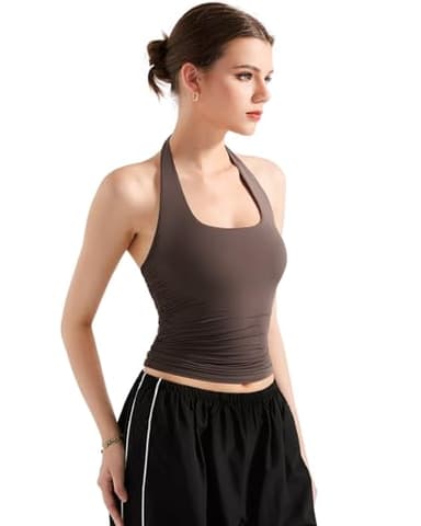 SUUKSESS Women Halter Tank Tops Double Lined Basic Backless Y2K Trendy Going Out Tops (Brown,S) - Image 2