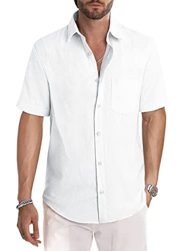 JMIERR Men's Summer Casual Stylish Short Sleeve Button-Up Shirts Cotton Linen Solid Color Business Dress Shirts Chambray Beach Shirt, L, White - Image 1