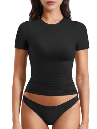 YEOREO Women Fitted Workout Tops Short Sleeve Double Lined Basic Y2K Going Out Crew Neck Compression Crop Top Black S - Image 1