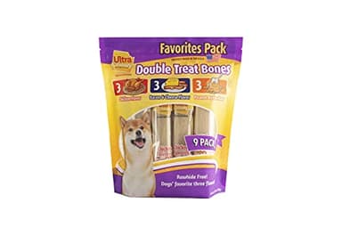 Ultra Chewy Double Treat Bones Favorites, Dog Treats, Made in The USA, Healthy Treats, Easy to Digest, Promotes Dental Health (Assorted Flavors, 1 Pack/9 Bones Per Pack) - Image 1