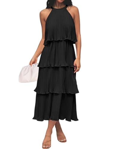ZESICA Women's 2025 Summer Sleeveless Halter Neck Ruffle Tiered Layed Chiffon Flowy Swing Long Midi Dress,DarkBlack,X-Large - Image 1