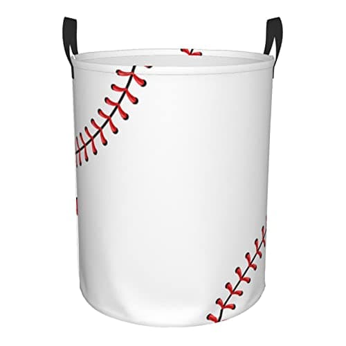 Gbuzozie 38L Round Laundry Hamper Red Stitching Baseball Storage Basket Waterproof Coating White Ball Organizer Bin For Nursery Clothes Toys - Image 1