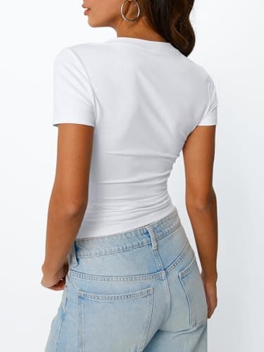 Trendy Queen Womens Basic V Neck Short Sleeve T Shirts Slim Fit Crop Y2k Tee 2025 Summer Cute Gym Fashion Clothes White L - Image 4