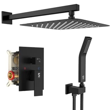 SR SUN RISE 12 Inches Matte Black Shower System 12 Inch Brass Bathroom Luxury Rain Mixer Shower Combo Set Wall Mounted Rainfall Shower Head System Shower Faucet Rough-in Valve Body and Trim Included - Image 1