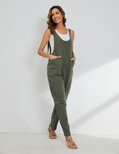 Yeokou Womens Overalls Linen Cotton Jumpsuits Loose Casual Jumpers with Pockets(ArmyGreen-M) - Image 6