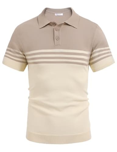 COOFANDY Mens Striped Polo Shirts Short Sleeve Striped Textured Pullover Golf Polo T Shirts, Khaki and Beige, X-Large - Image 2
