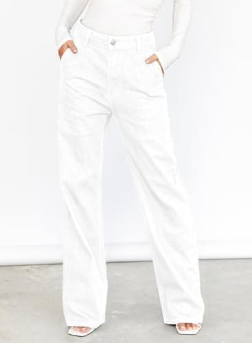Dokotoo Womens Casual High Waisted Cargo Jeans for Women Wide Leg Boyfriend Denim Pants White Size 8 - Image 2