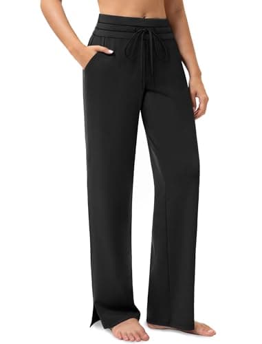 addigi Yoga Pants Women High Waisted Wide Leg Pants with Pockets Drawstring Loose Stretch Dress Pants Comfy Lounge Sweatpants Regular Black Large - Image 1