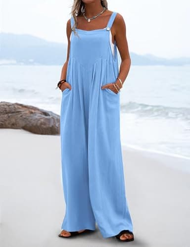 YESNO Women's Summer Casual Overalls Loose Wide Leg Jumpsuits Boho Baggy Rompers with Pockets 2XL PZH Solid Pale Blue - Image 3